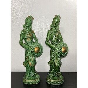 Set Of 2 Vtg Wales Porcelain Ceramic Jade Blue Asian Ladies With Hats 12” Rare